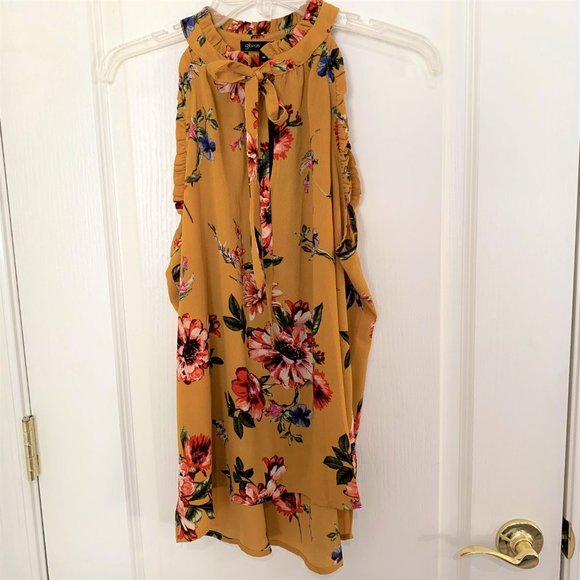 Gibson Nordstrom Floral Ruffle Tank Top Crepe Blouse Yellow Size Medium NEW - Picture 7 of 8